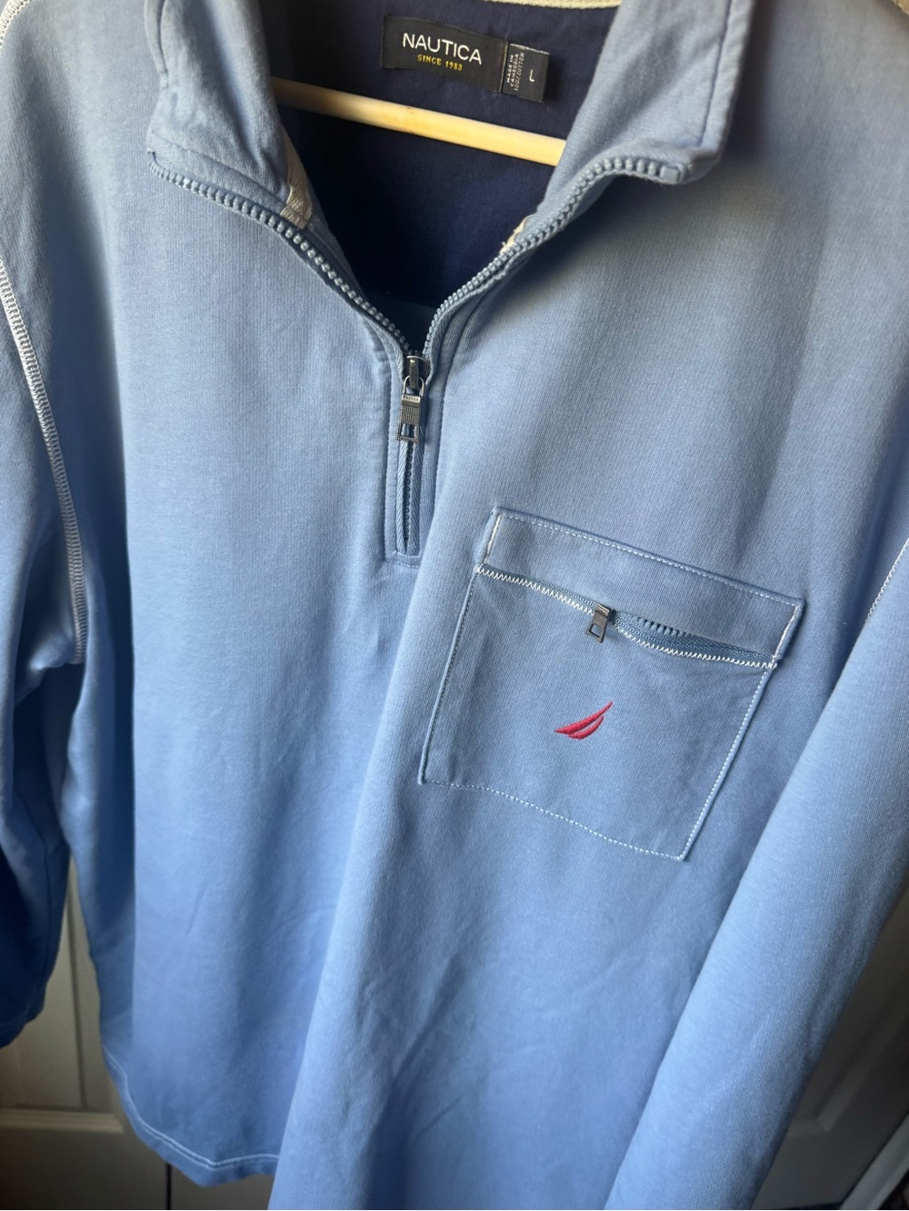 Nautica Sky Blue Half-Zip Pullover with Chest Pocket and Red Sail Logo
